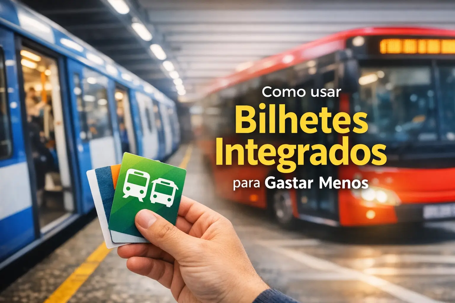 Mão segura bilhetes integrados com trem e ônibus ao fundo