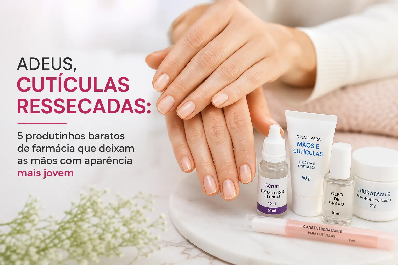 Mãos sendo cuidadas com produtos para cutículas em destaque