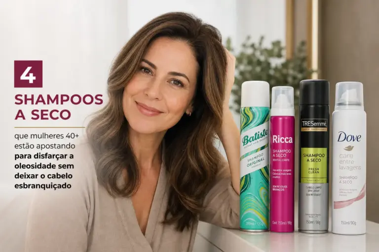 Mulher 40+ sorrindo com 4 shampoos a seco para cabelos oleosos